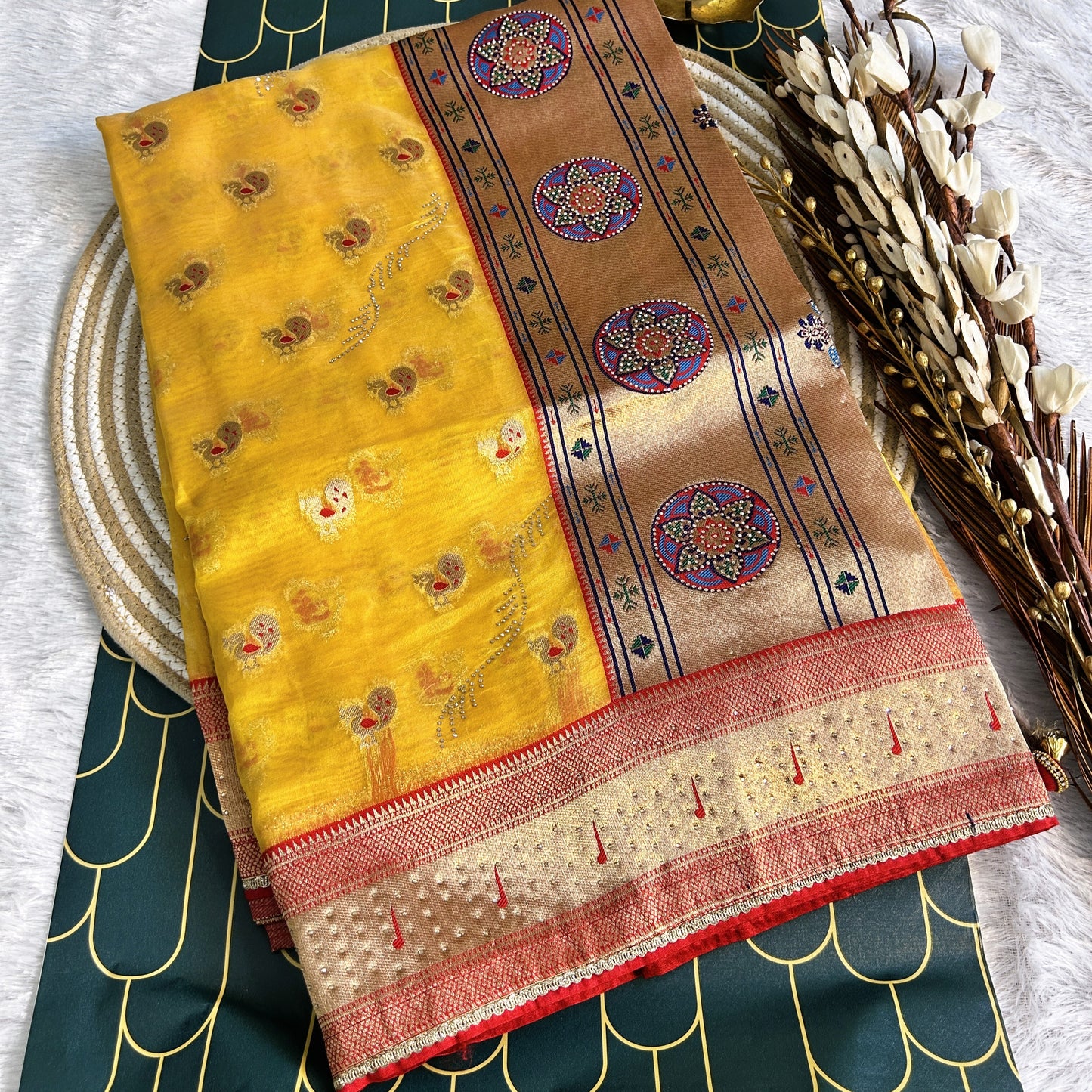 Glass Tissue with Paithani Borde with rich zarcon detailing | Yellow/Red | Maguvaa Sarees