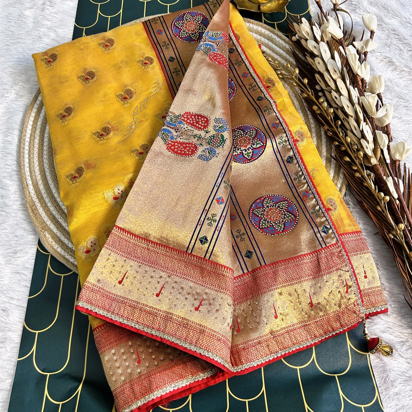 Glass Tissue with Paithani Borde with rich zarcon detailing | Yellow/Red | Maguvaa Sarees