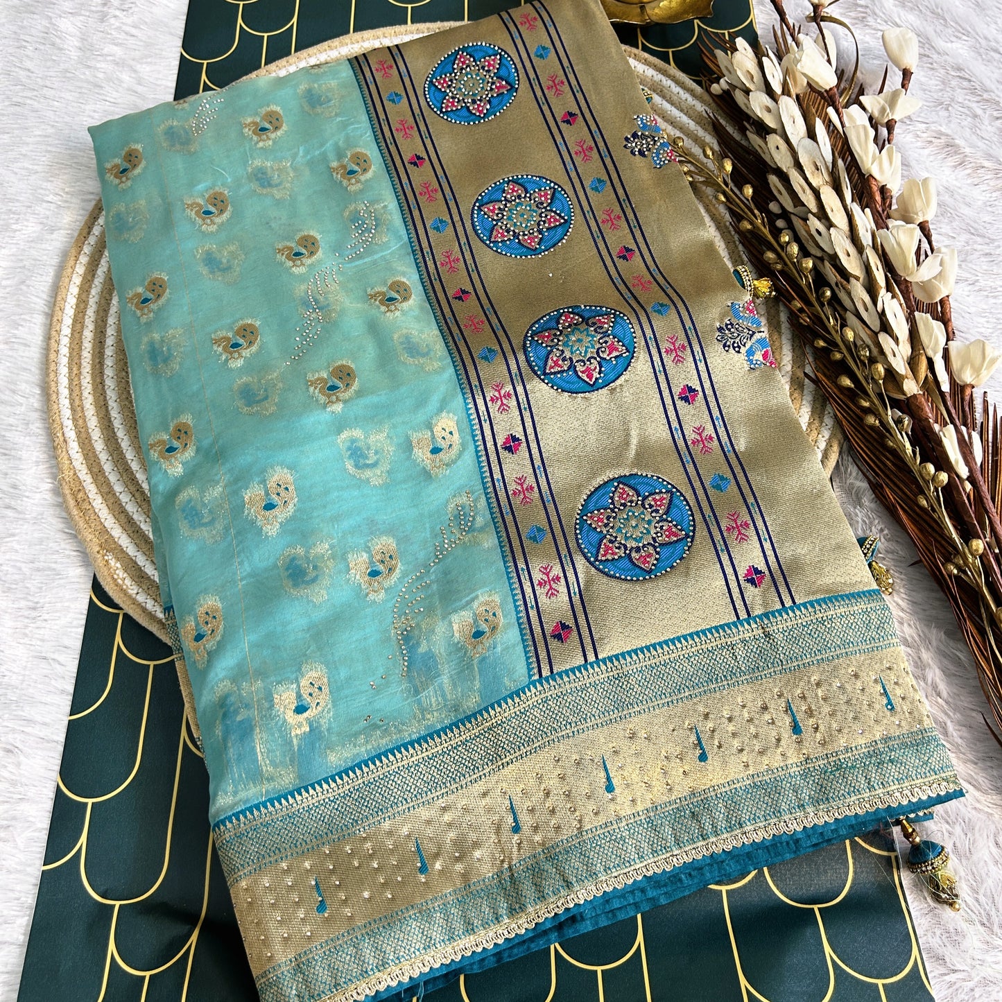 Glass Tissue with Paithani Borde with rich zarcon detailing | Blue/ Dark blue | Maguvaa Sarees