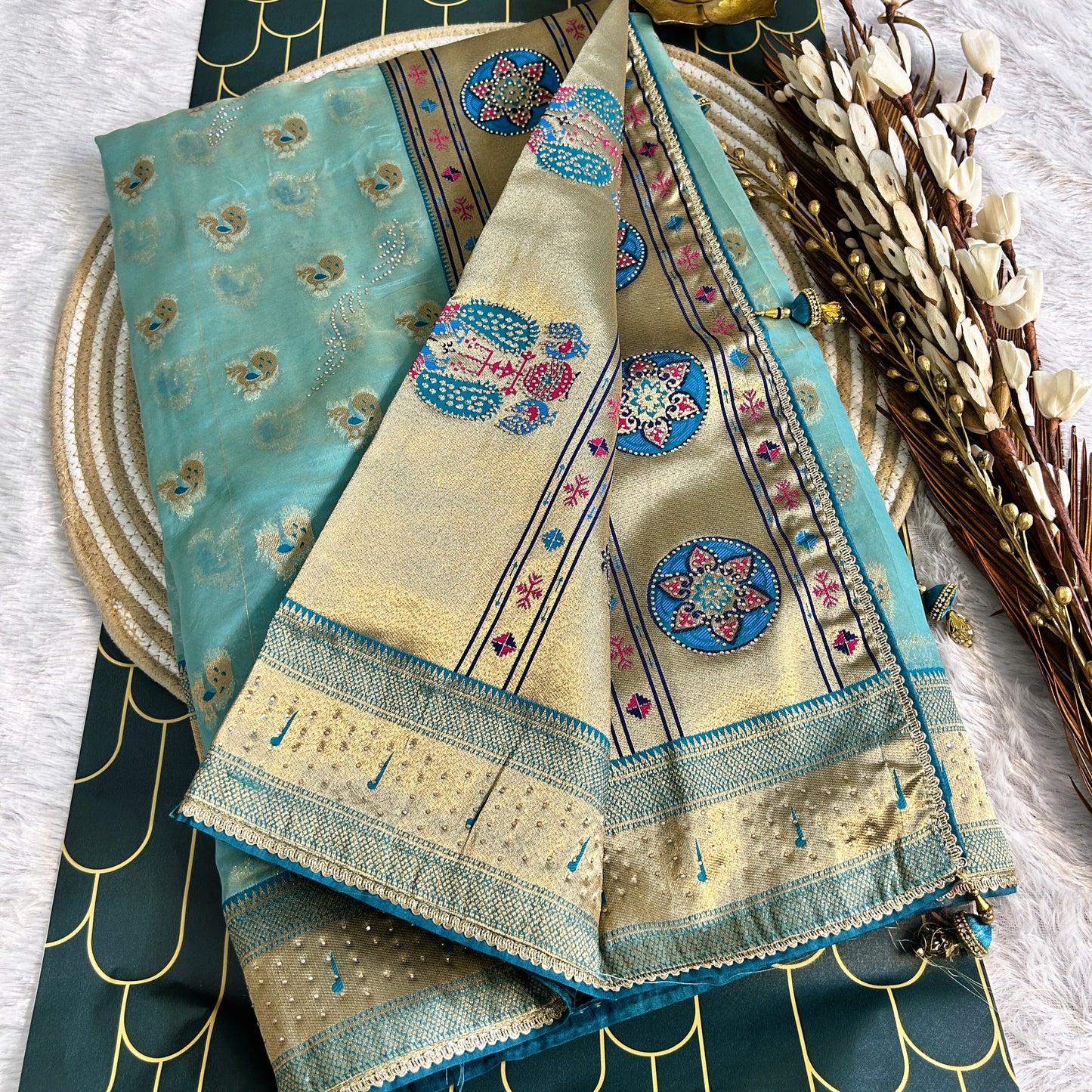 Glass Tissue with Paithani Borde with rich zarcon detailing | Blue/ Dark blue | Maguvaa Sarees
