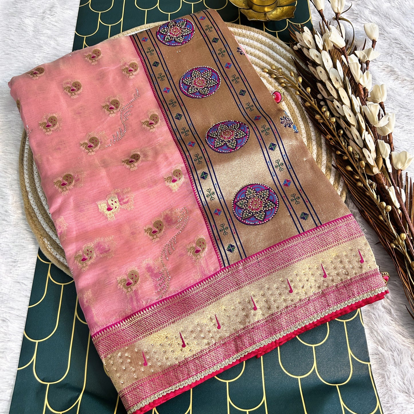 Glass Tissue with Paithani Borde with rich zarcon detailing | Pink/Dark Pink | Maguvaa Sarees
