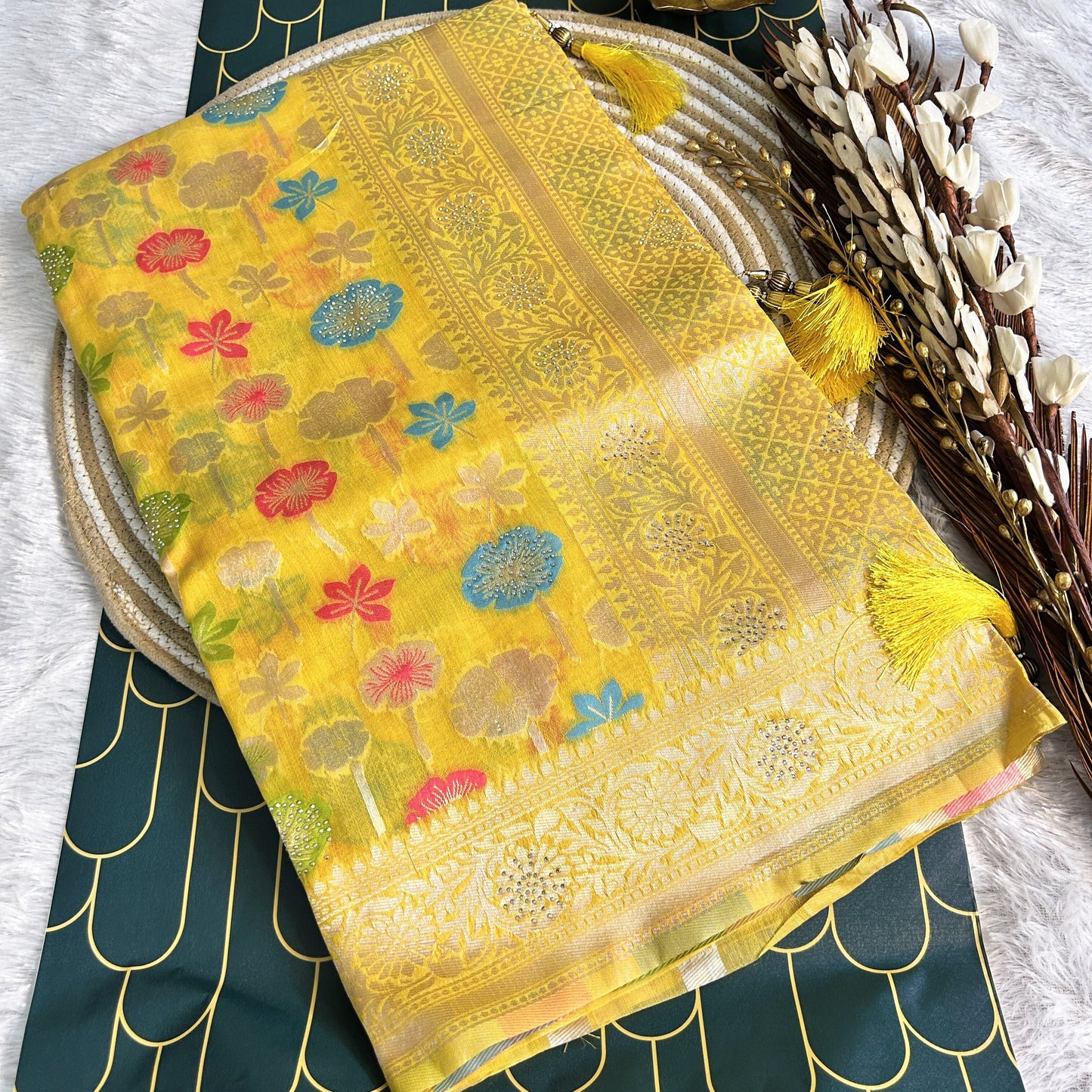 Linen Silk Saree with thread work zarcon detailing | yellow | Maguvaa Sarees