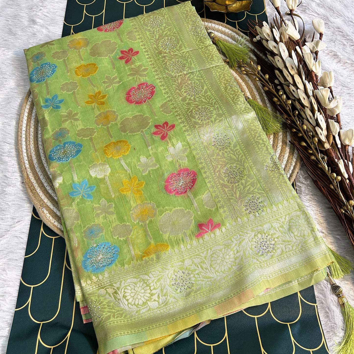 Linen Silk Saree with thread work zarcon detailing | pista green | Maguvaa Sarees