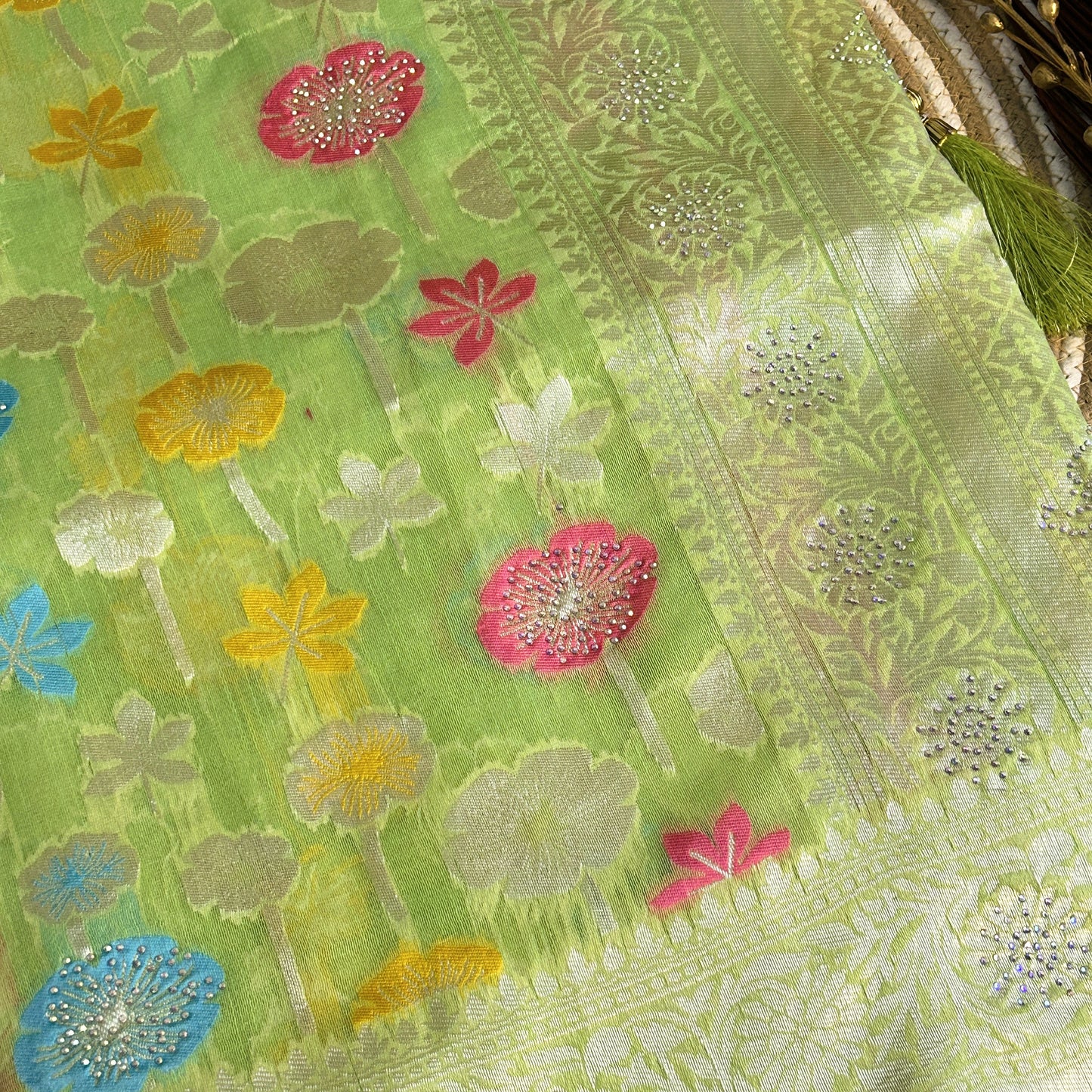 Linen Silk Saree with thread work zarcon detailing | pista green | Maguvaa Sarees