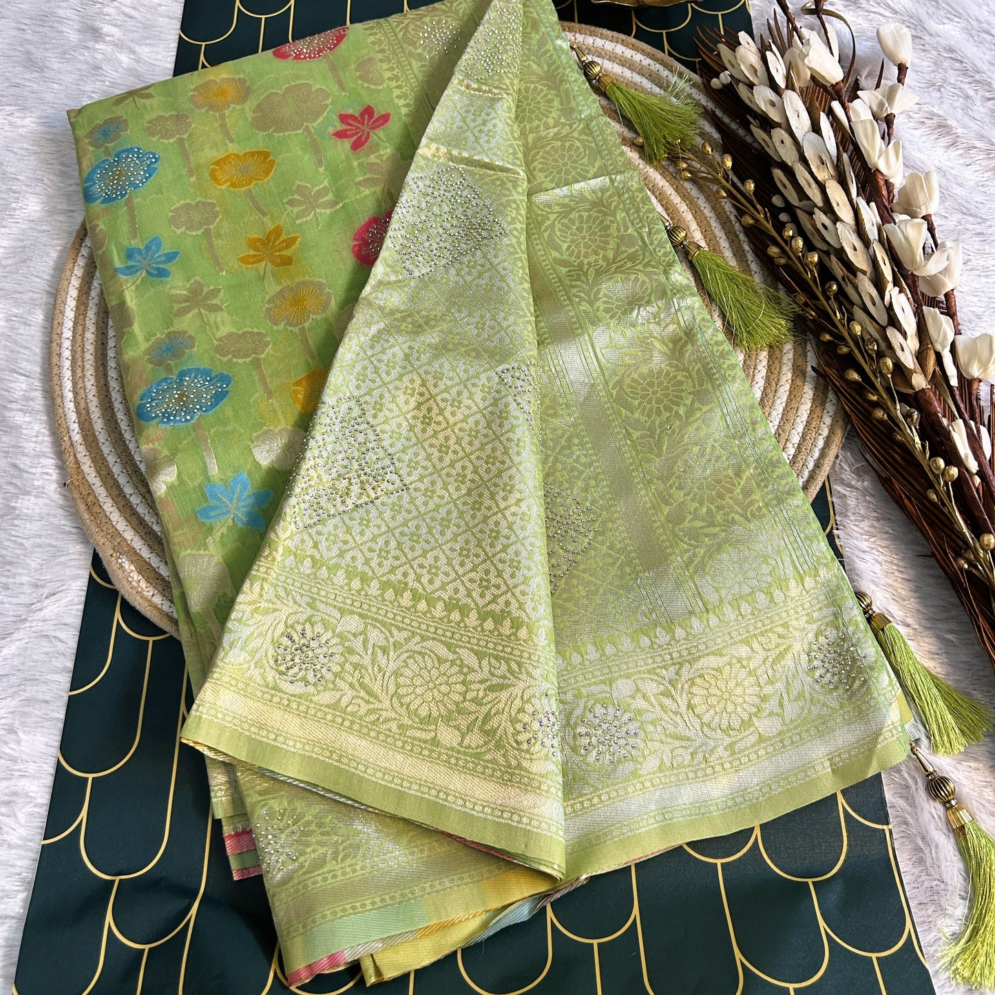 Linen Silk Saree with thread work zarcon detailing | pista green | Maguvaa Sarees