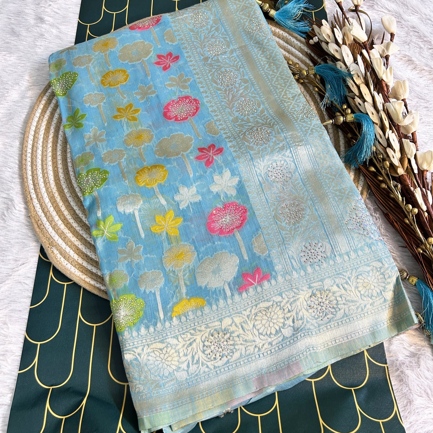 Linen Silk Saree with thread work zarcon detailing | blue | Maguvaa Sarees