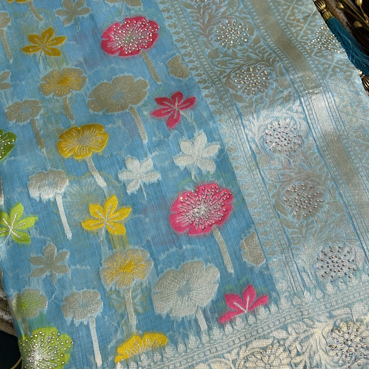 Linen Silk Saree with thread work zarcon detailing | blue | Maguvaa Sarees