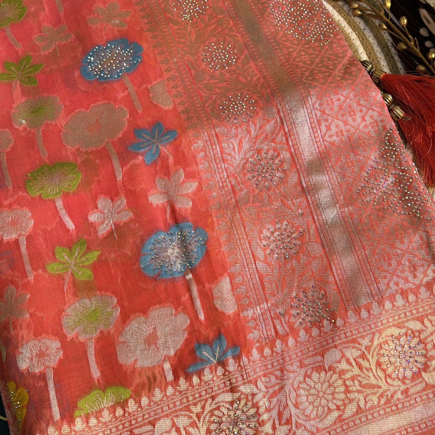 Linen Silk Saree with thread work zarcon detailing | peach | Maguvaa Sarees