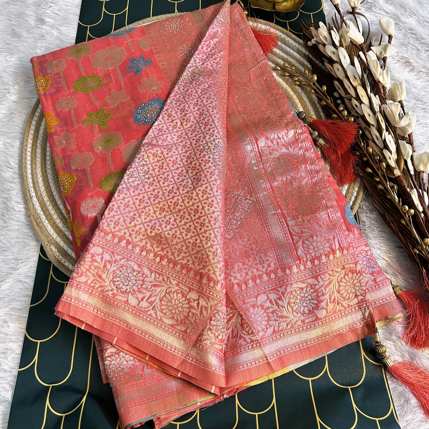 Linen Silk Saree with thread work zarcon detailing | peach | Maguvaa Sarees