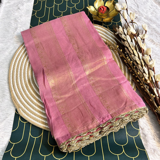 Glass Tissue Saree with Pearl Scallop Border | Pink | Maguvaa Sarees