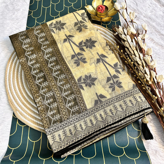 Bengal cotton with thread work | Beige/Black | Maguvaa Sarees