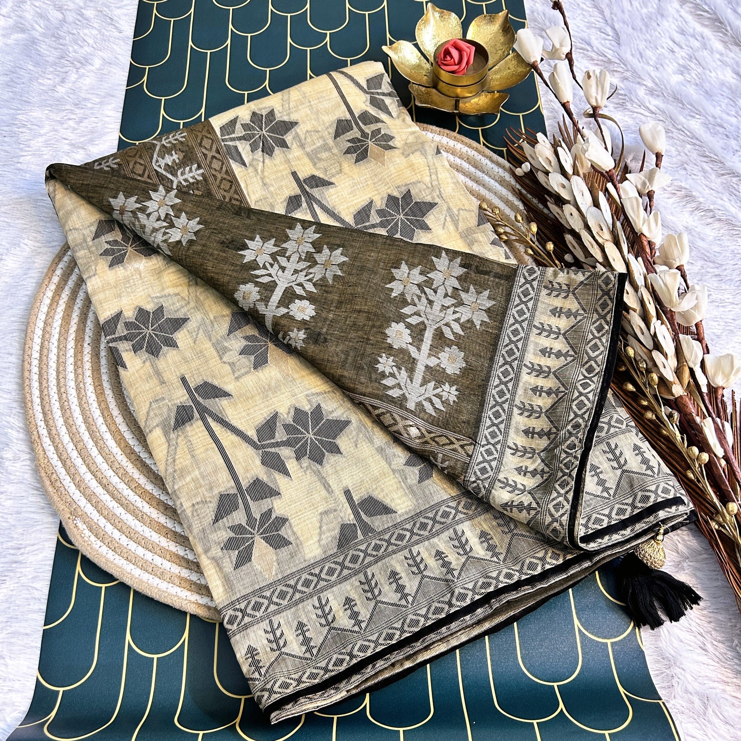 Bengal cotton with thread work | Beige/Black | Maguvaa Sarees