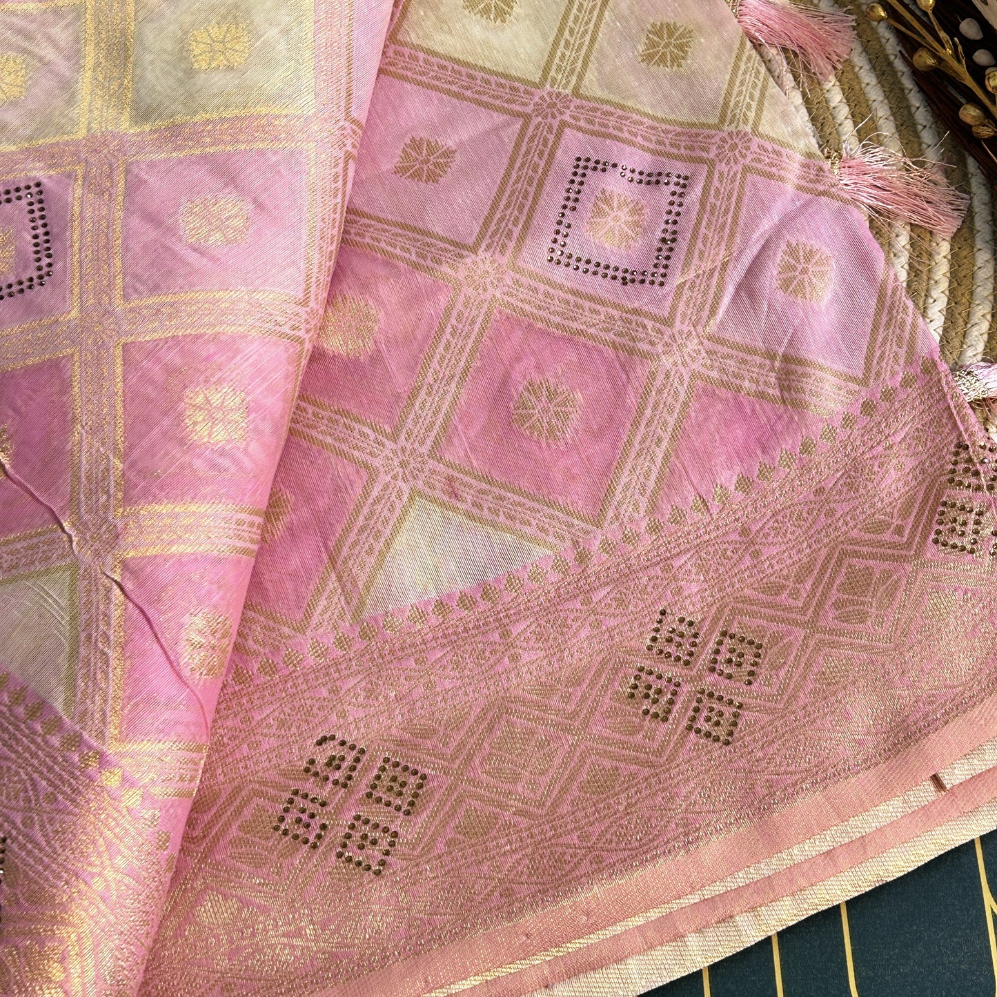 Linen Silk double shaded heavy saree stone work | Pink | Maguvaa Sarees