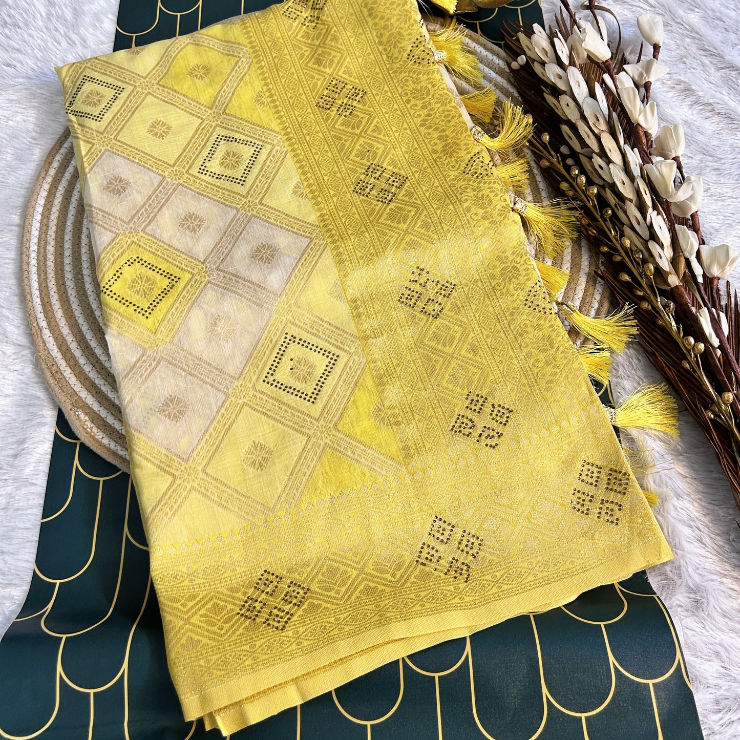 Linen Silk double shaded heavy saree stone work | Yellow | Maguvaa Sarees