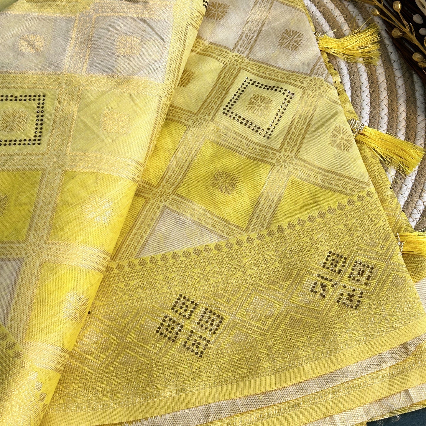 Linen Silk double shaded heavy saree stone work | Yellow | Maguvaa Sarees