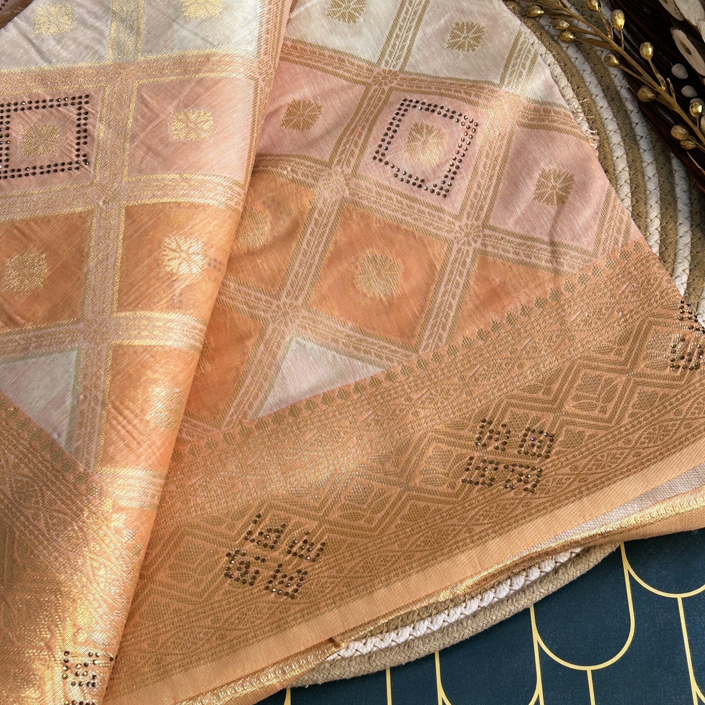 Linen Silk double shaded heavy banarasi saree stone work | Light Orange | Maguvaa Sarees