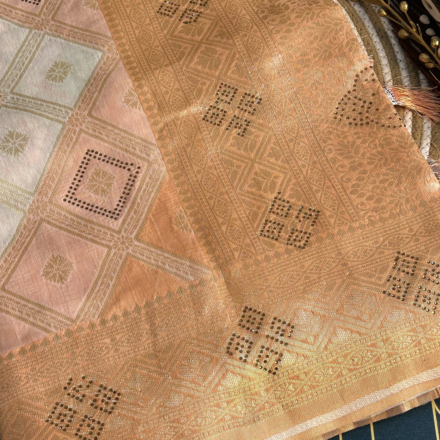 Linen Silk double shaded heavy banarasi saree stone work | Light Orange | Maguvaa Sarees