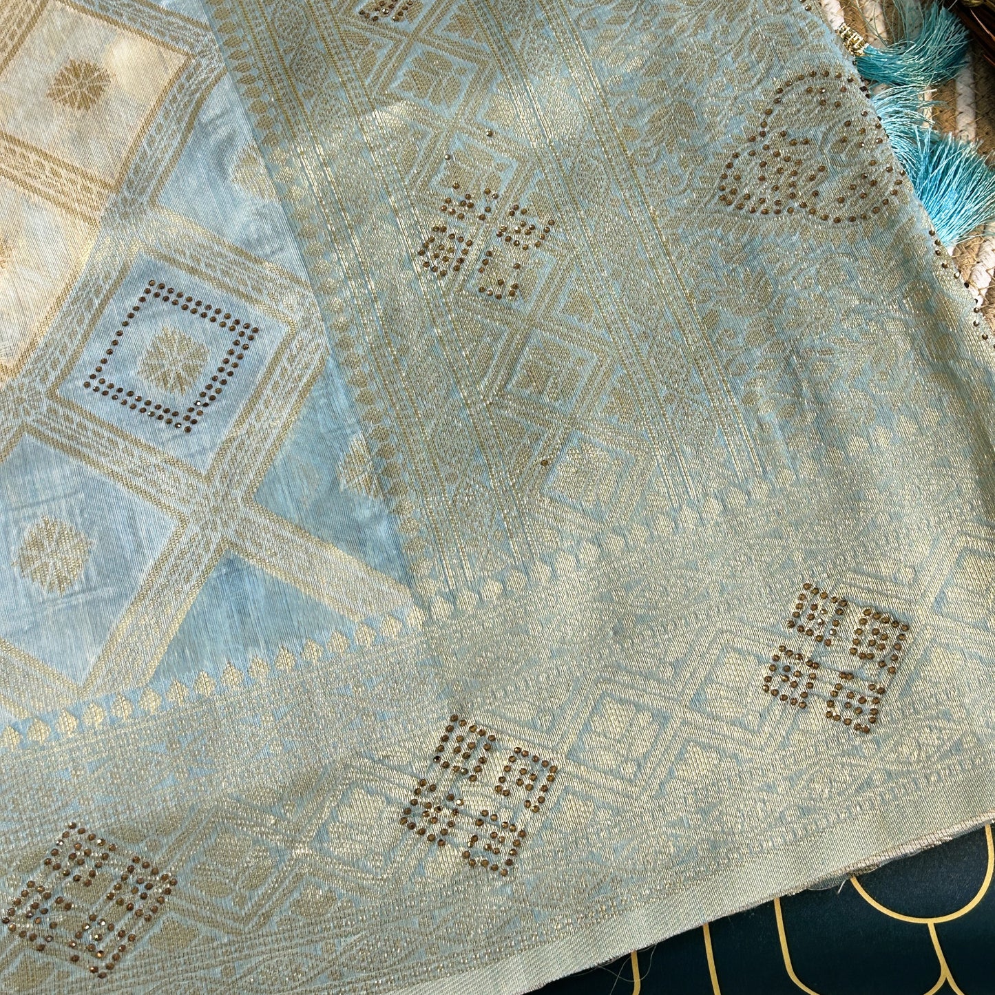 Linen Silk double shaded heavy saree stone work |  Light blue | Maguvaa Sarees