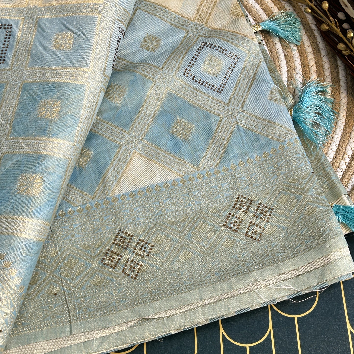 Linen Silk double shaded heavy saree stone work |  Light blue | Maguvaa Sarees