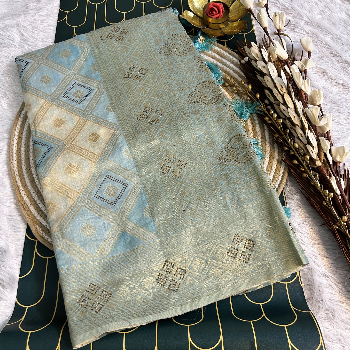 Linen Silk double shaded heavy saree stone work |  Light blue | Maguvaa Sarees
