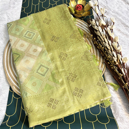 Linen Silk double shaded heavy banarasi saree stone work | Pist Green | Maguvaa Sarees