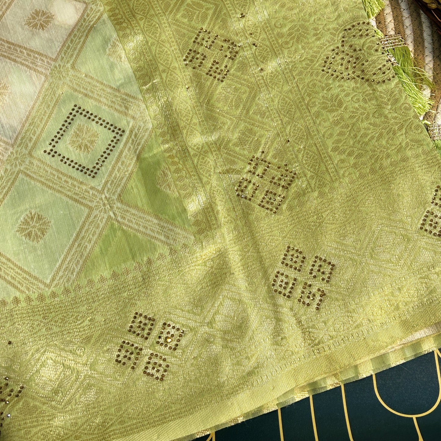 Linen Silk double shaded heavy banarasi saree stone work | Pist Green | Maguvaa Sarees