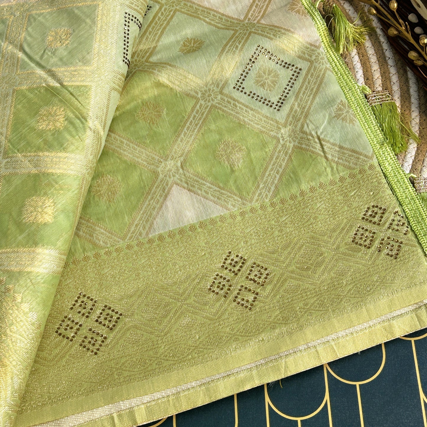 Linen Silk double shaded heavy banarasi saree stone work | Pist Green | Maguvaa Sarees