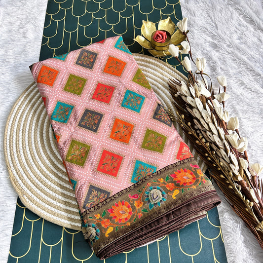 Viscose Position Print | Peach/Brown | Maguvaa Sarees