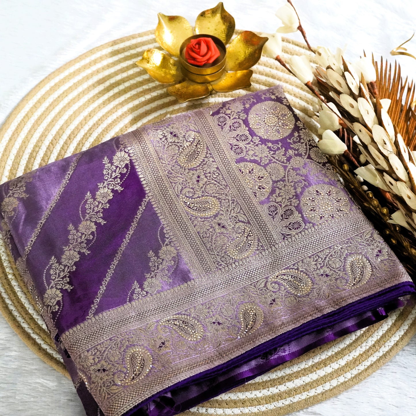 Designer Banarasee with  silver zari weaving shaded with stone work | Lavender | Maguvaa Sarees