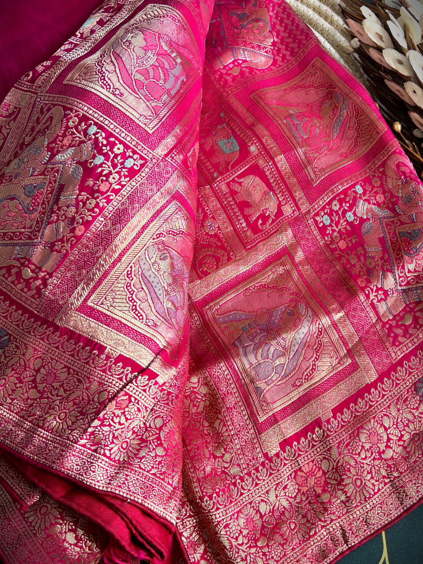 Rich Zari border with elephant detailing Viscose Saree | Rani Pink | Maguvaa Sarees