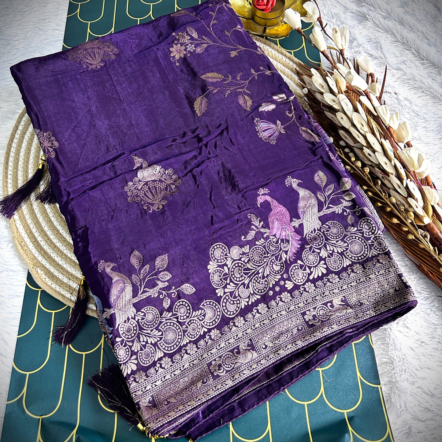 Rich Zari border with peacock detailing Viscose Saree | Purple | Maguvaa Sarees