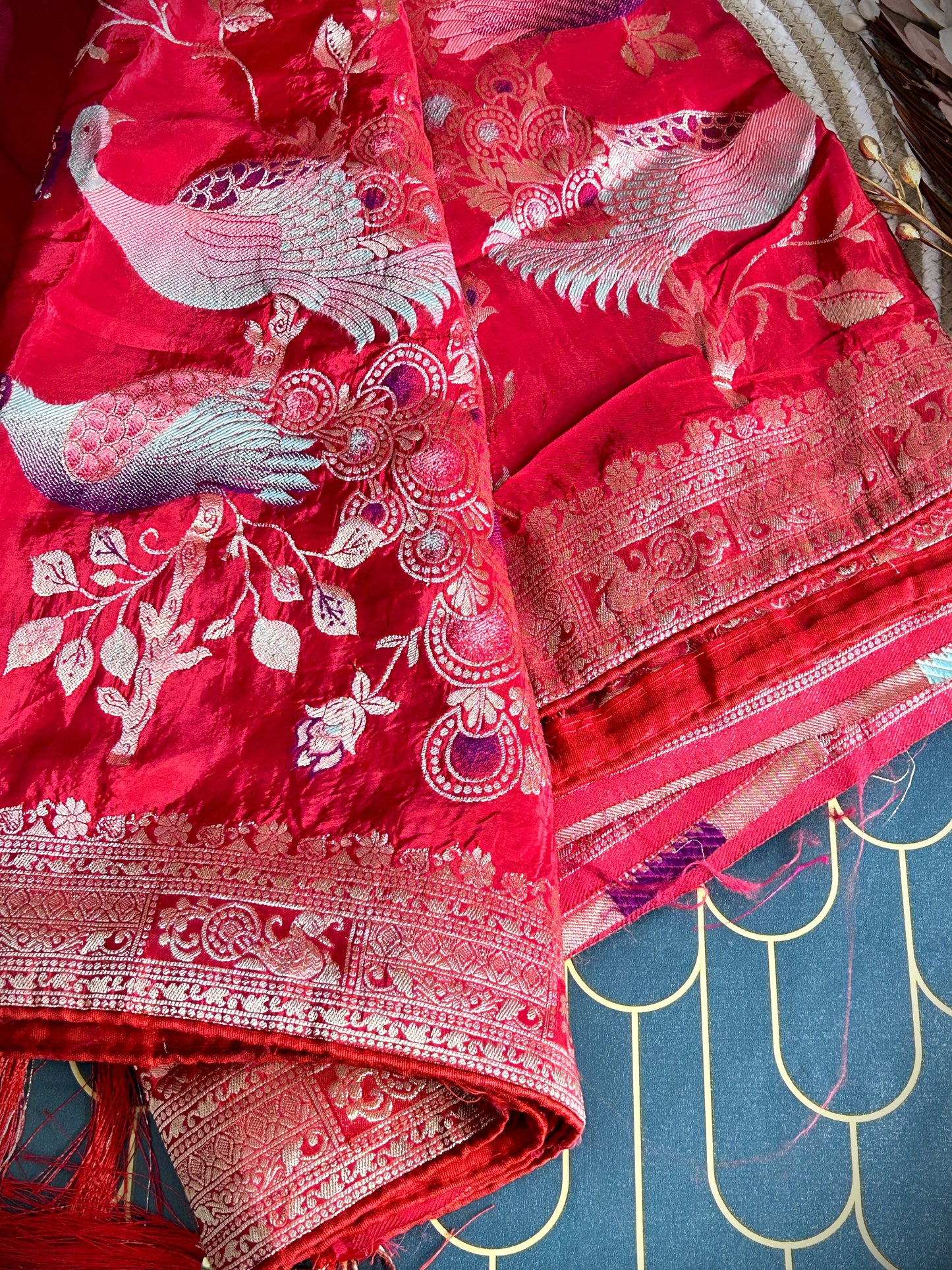 Rich Zari border with peacock detailing Viscose Saree | Red | Maguvaa Sarees