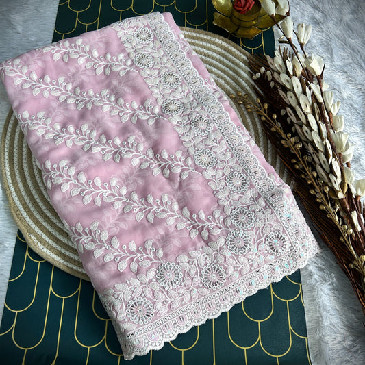 chiffon Saree with Chickenkari work | Pink | Maguvaa Sarees