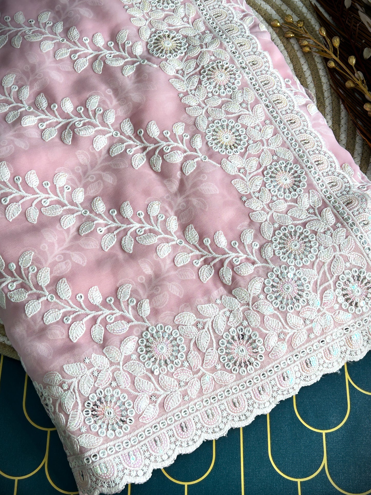 chiffon Saree with Chickenkari work | Pink | Maguvaa Sarees