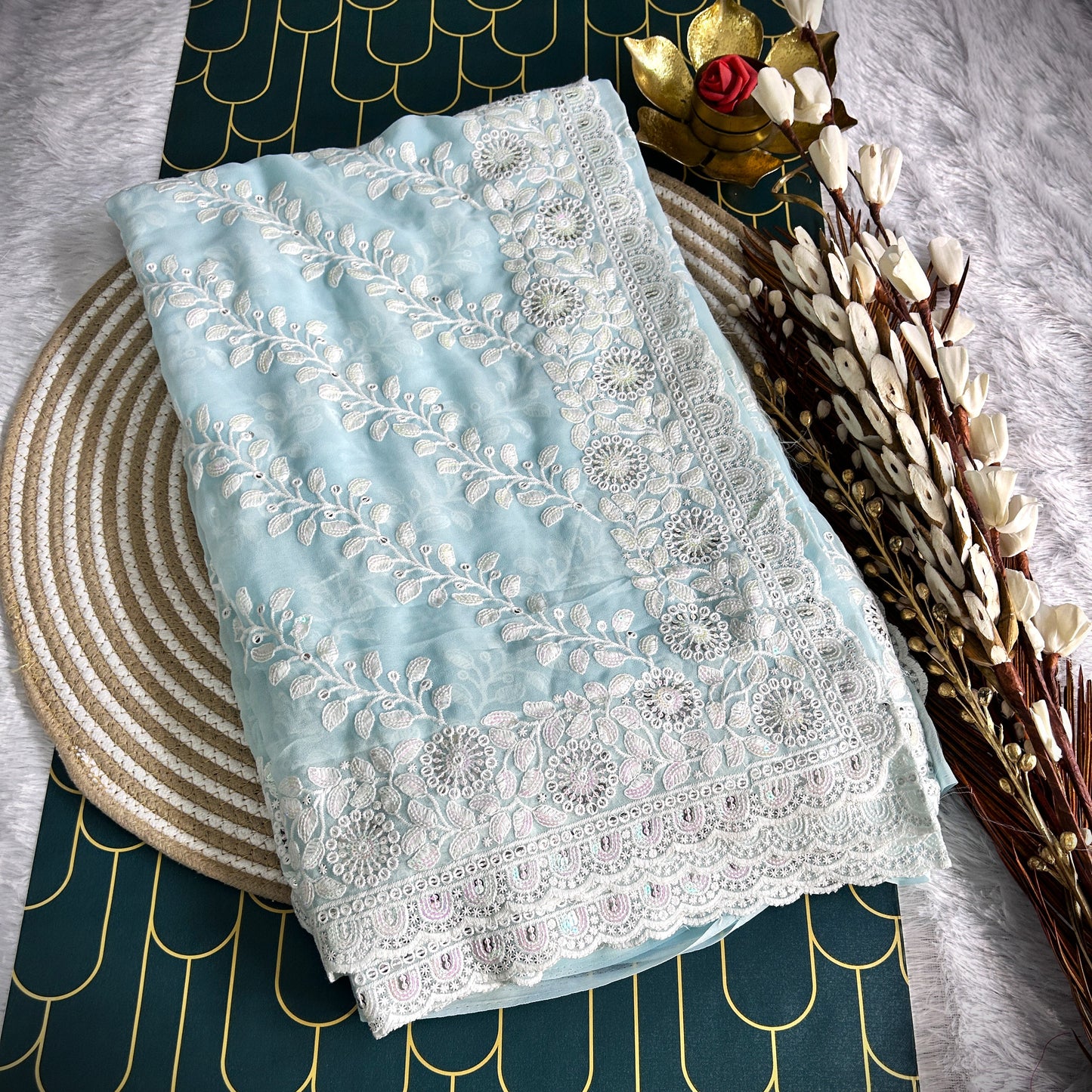 chiffon Saree with Chickenkari work | Sky Blue | Maguvaa Sarees