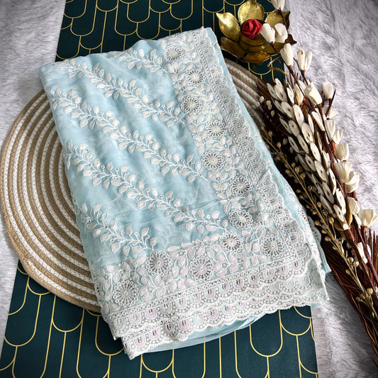 chiffon Saree with Chickenkari work | Sky Blue | Maguvaa Sarees