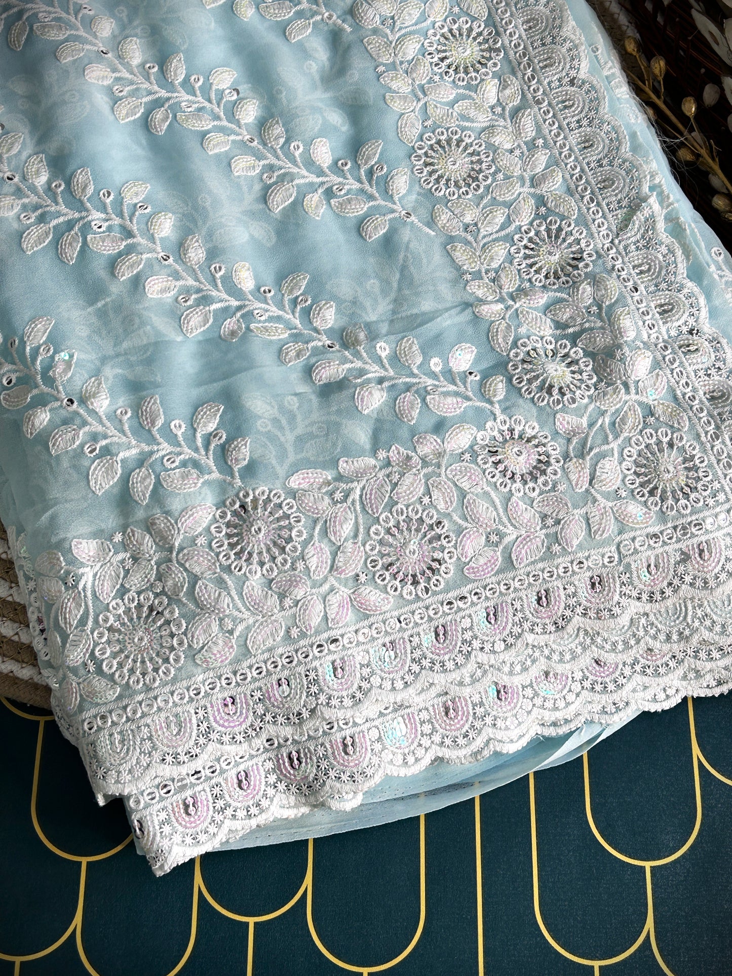 chiffon Saree with Chickenkari work | Sky Blue | Maguvaa Sarees