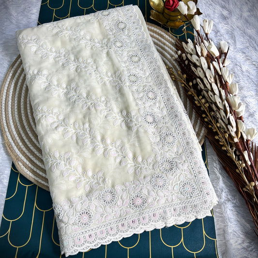 chiffon Saree with Chickenkari work | Off-White | Maguvaa Sarees