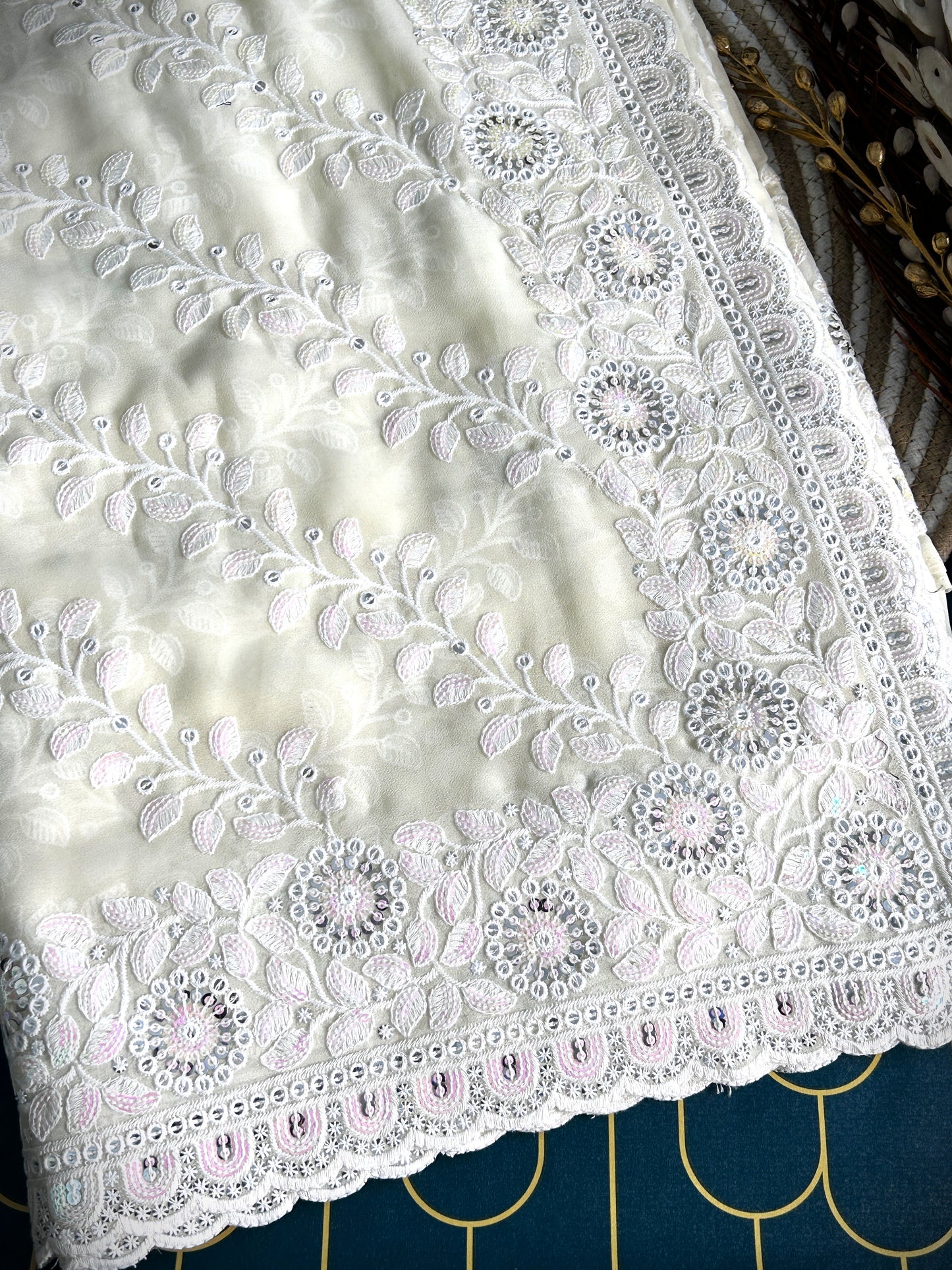 chiffon Saree with Chickenkari work | Off-White | Maguvaa Sarees