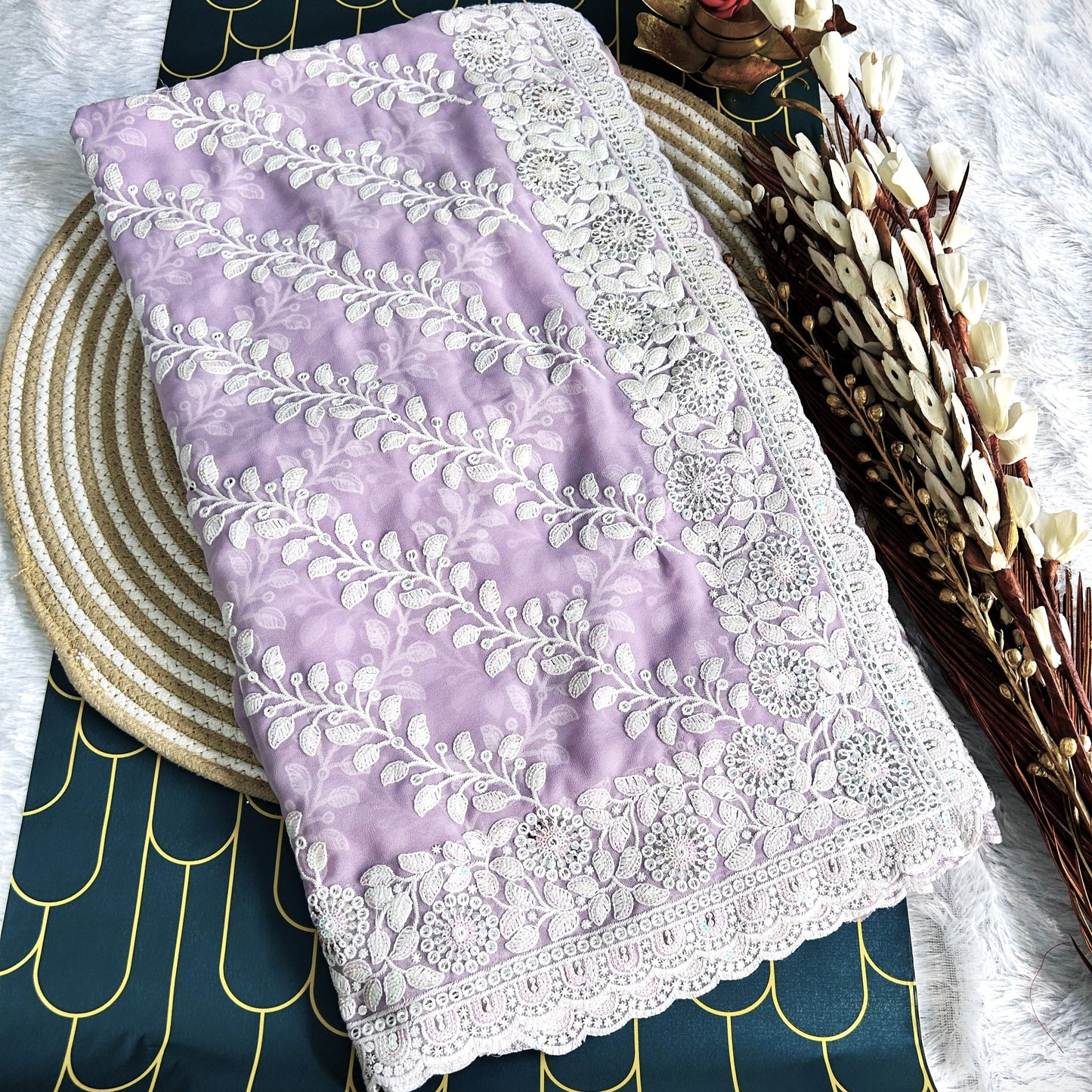 chiffon Saree with Chickenkari work | Lavender | Maguvaa Sarees