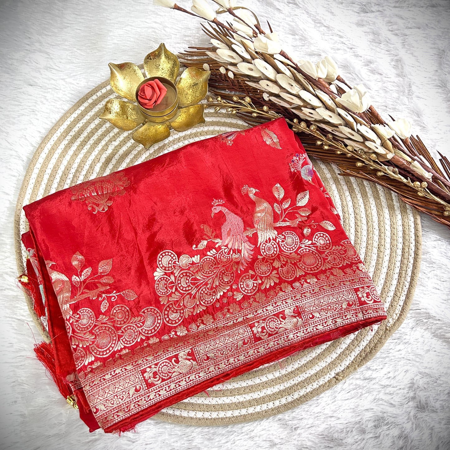 Rich Zari border with peacock detailing Viscose Saree | Red | Maguvaa Sarees