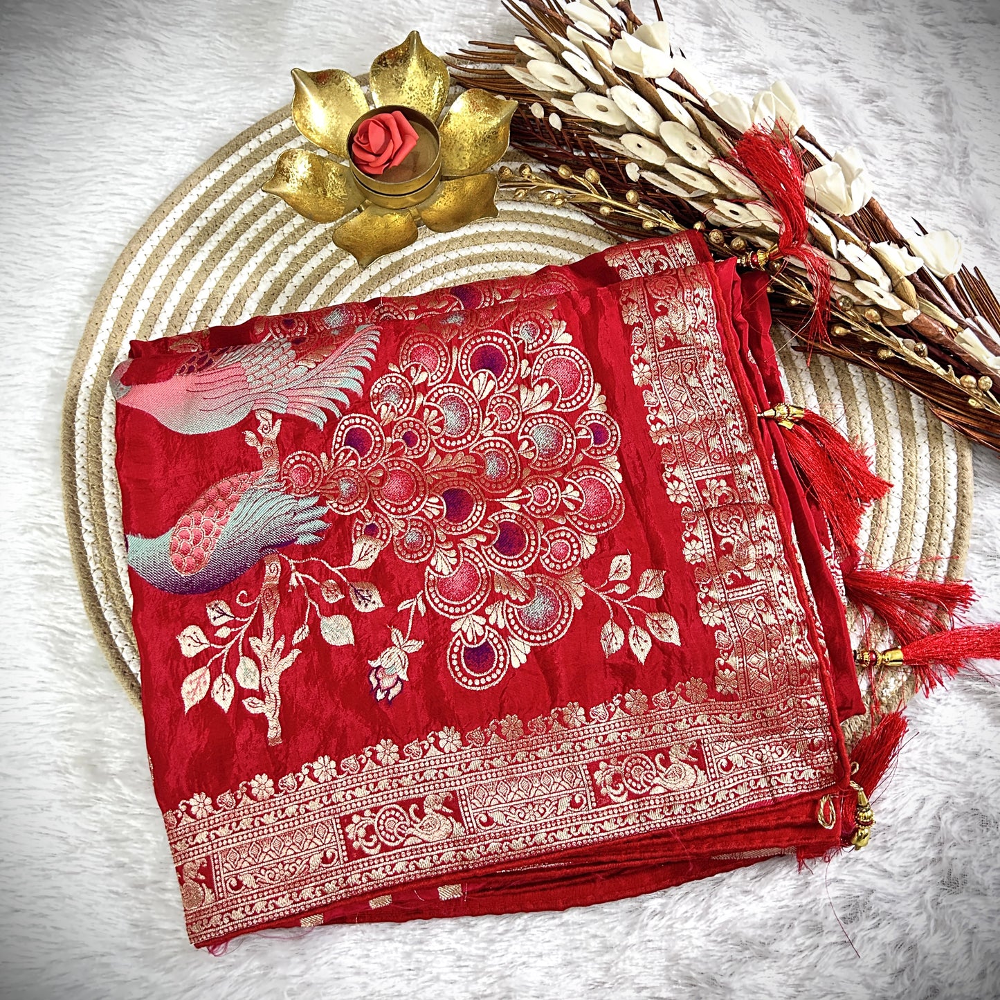 Rich Zari border with peacock detailing Viscose Saree | Red | Maguvaa Sarees