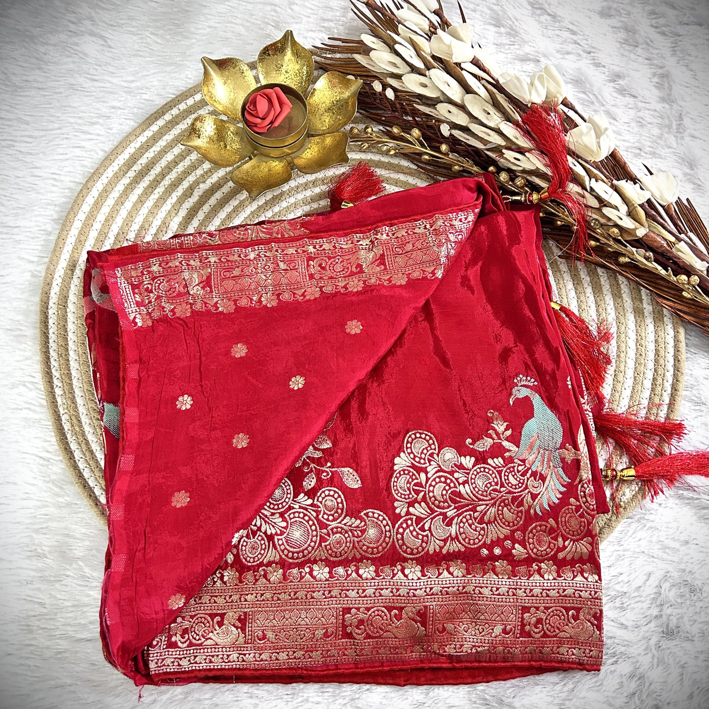 Rich Zari border with peacock detailing Viscose Saree | Red | Maguvaa Sarees