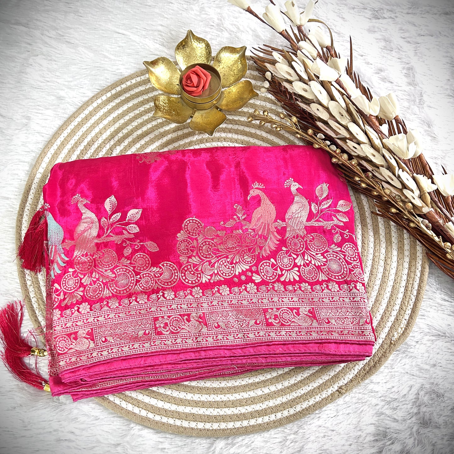 Rich Zari border with peacock detailing Viscose Saree | Rani Pink | Maguvaa Sarees