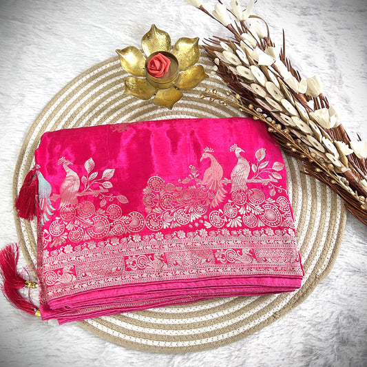 Rich Zari border with peacock detailing Viscose Saree | Rani Pink | Maguvaa Sarees