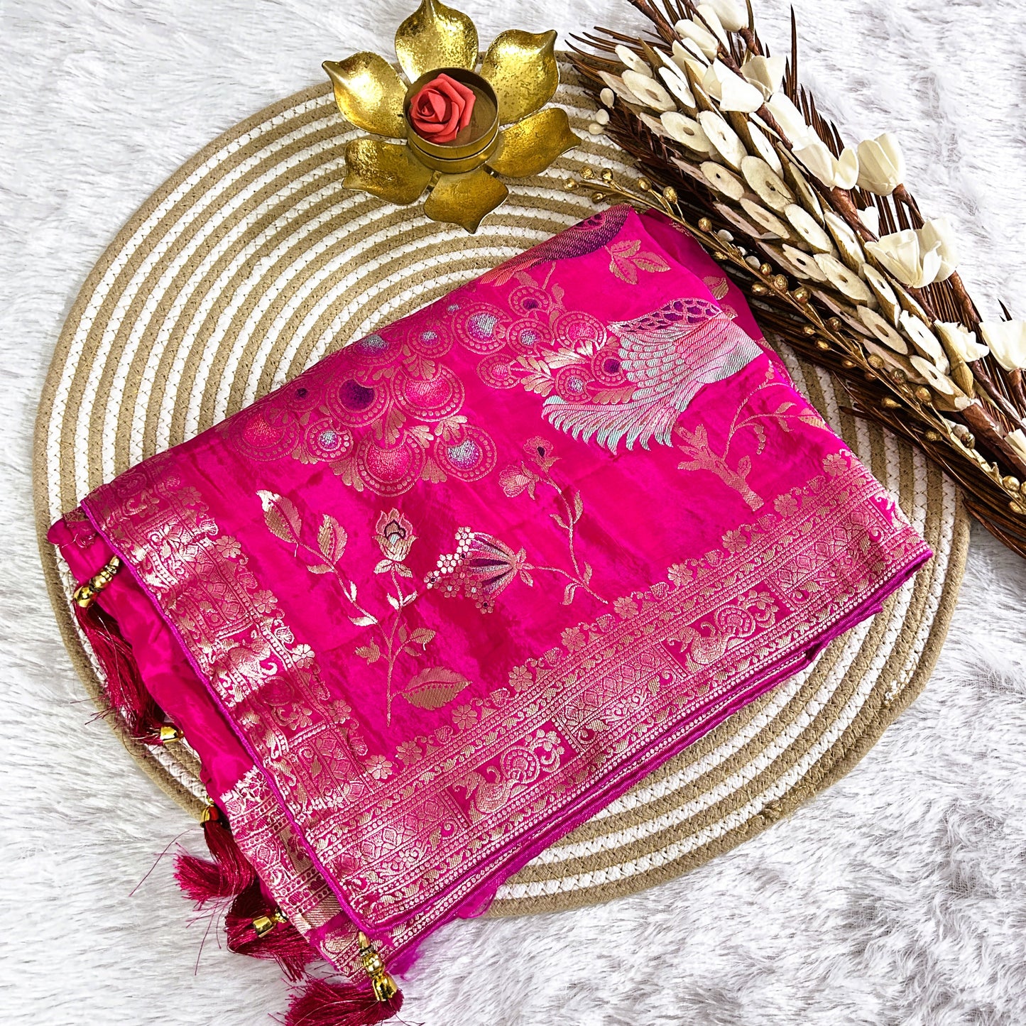 Rich Zari border with peacock detailing Viscose Saree | Rani Pink | Maguvaa Sarees