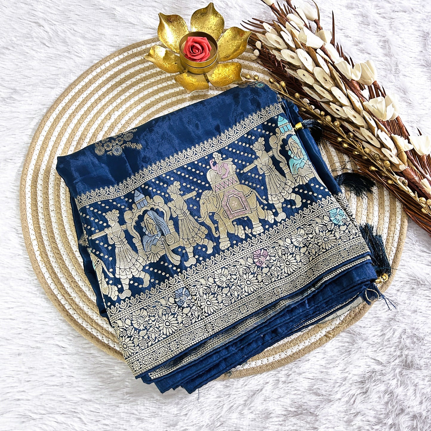 Rich Zari border with elephant detailing Viscose Saree | Peacock Green | Maguvaa Sarees