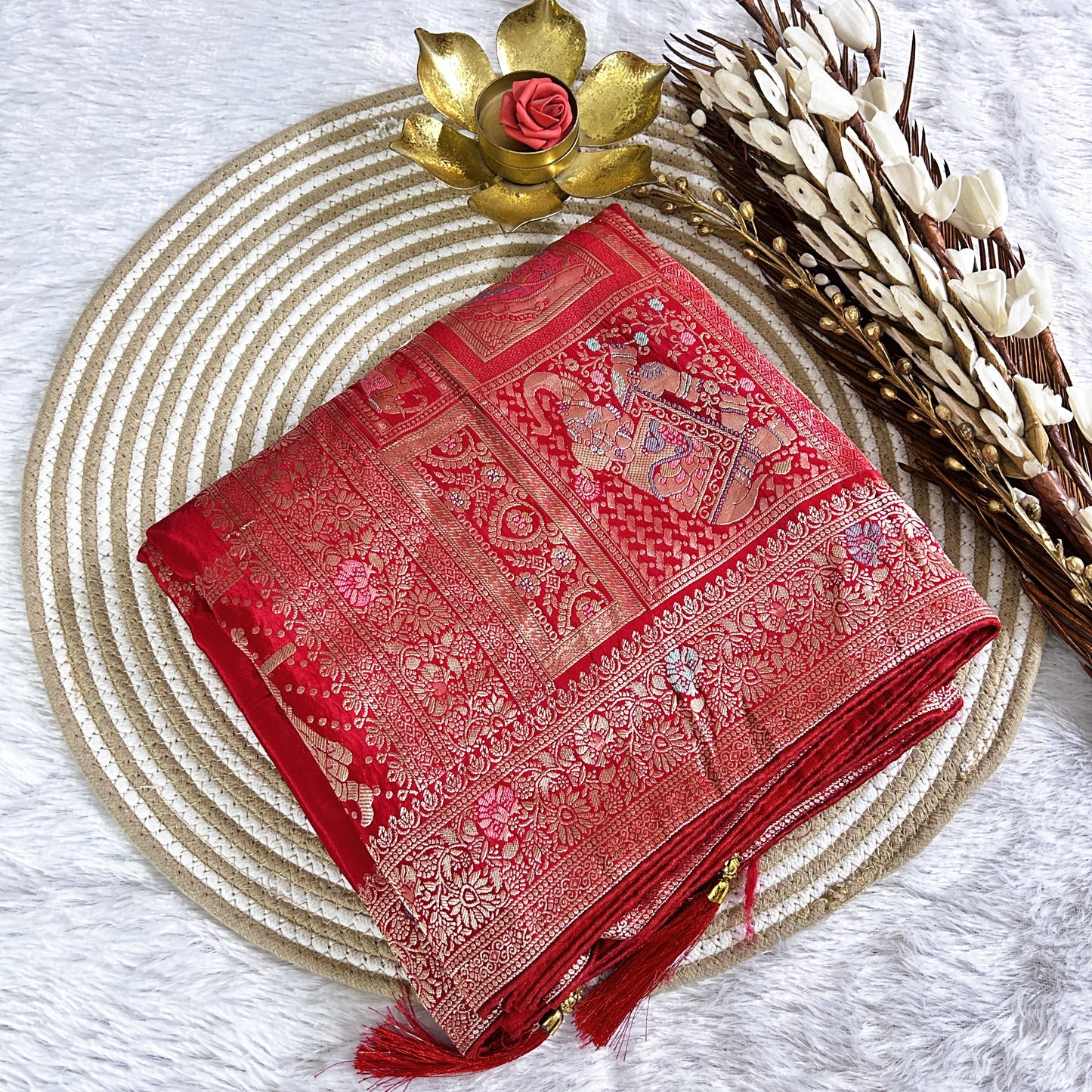 Rich Zari border with elephant detailing Viscose Saree | Red | Maguvaa Sarees