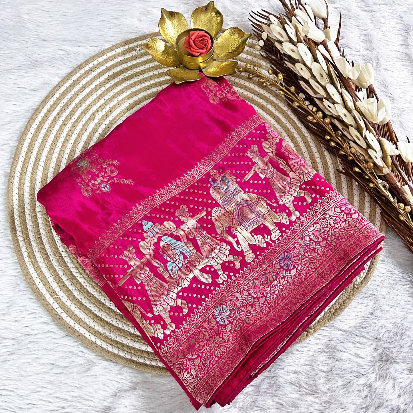 Rich Zari border with elephant detailing Viscose Saree | Rani Pink | Maguvaa Sarees