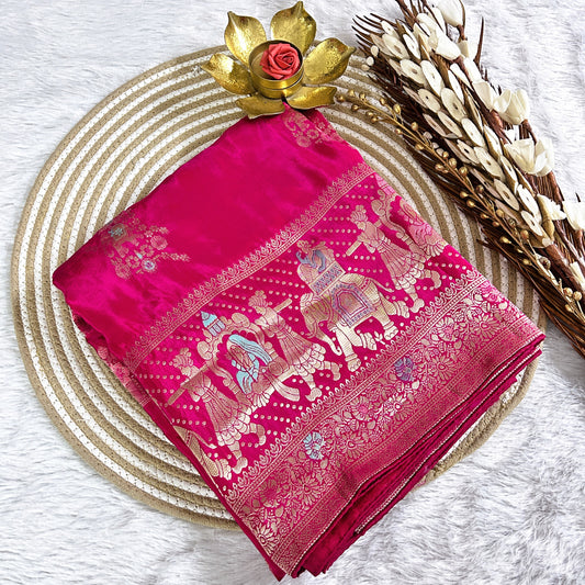 Rich Zari border with elephant detailing Viscose Saree | Rani Pink | Maguvaa Sarees